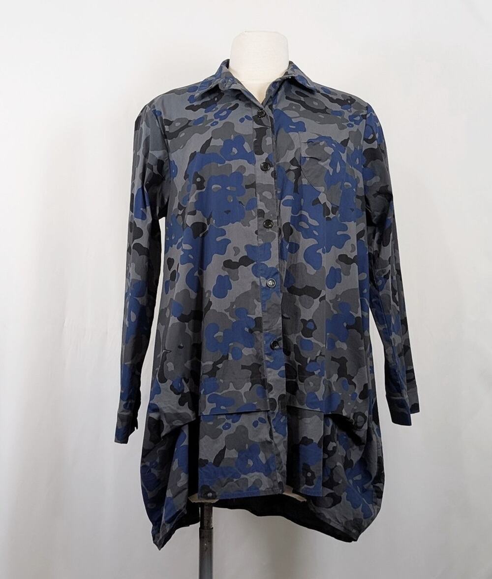 Comfy USA Tunic Top Gray Blue Camo Print Balloon Hem Lagenlook Women's Size XL